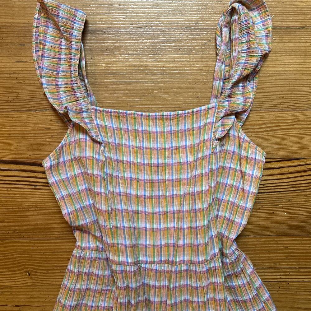 Loft colorful plaid print ruffle accent gauzy midi dress‎ SIZE M - Picture 3 of 5